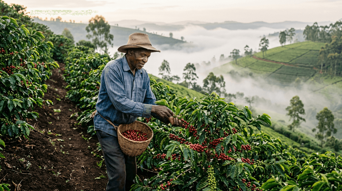 Kenyan coffee farmer tending arabica on misty Central Highland slopes