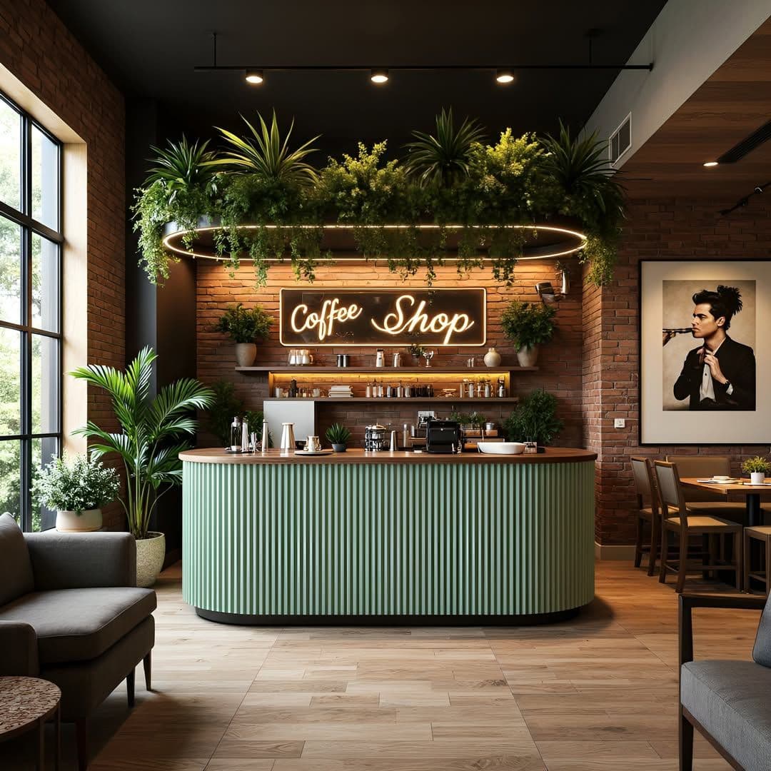Karo-style coffee shop interior with curved counter, brick walls, plants, and warm lighting