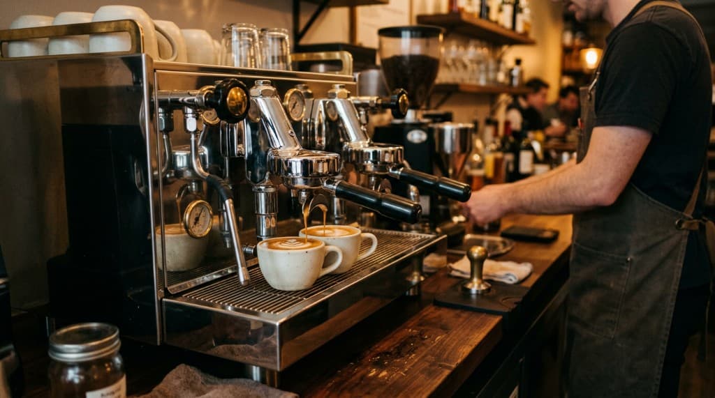 Espresso machine pulling shots at the bar, barista and warm light